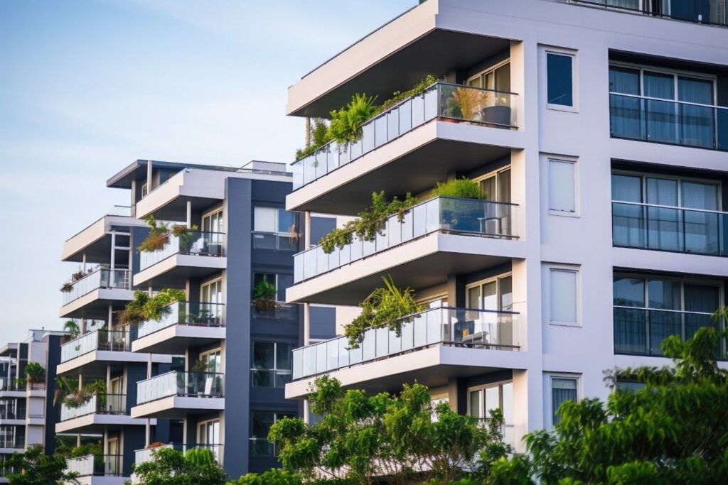 a modern residential society with multi-storied buildings.